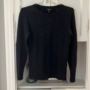 Black petite cable knit sweater with sleeve buttons